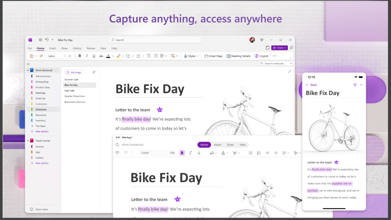 A screenshot of the Windows OneNote UI displaying the cross-application sync feature.