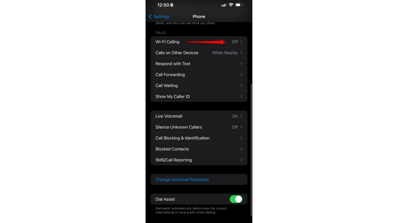 A screenshot showing the Wi-Fi Calling settings on an iPhone.