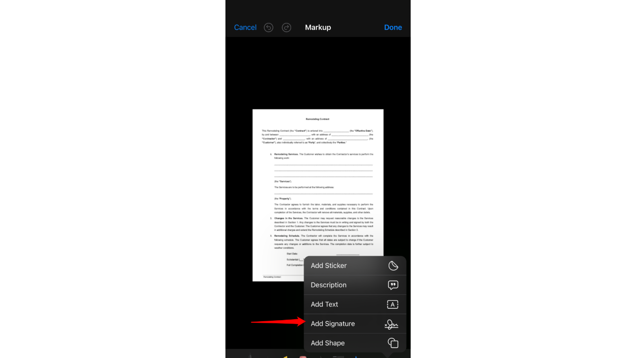 A screenshot showing the digital signature feature on an iPhone.