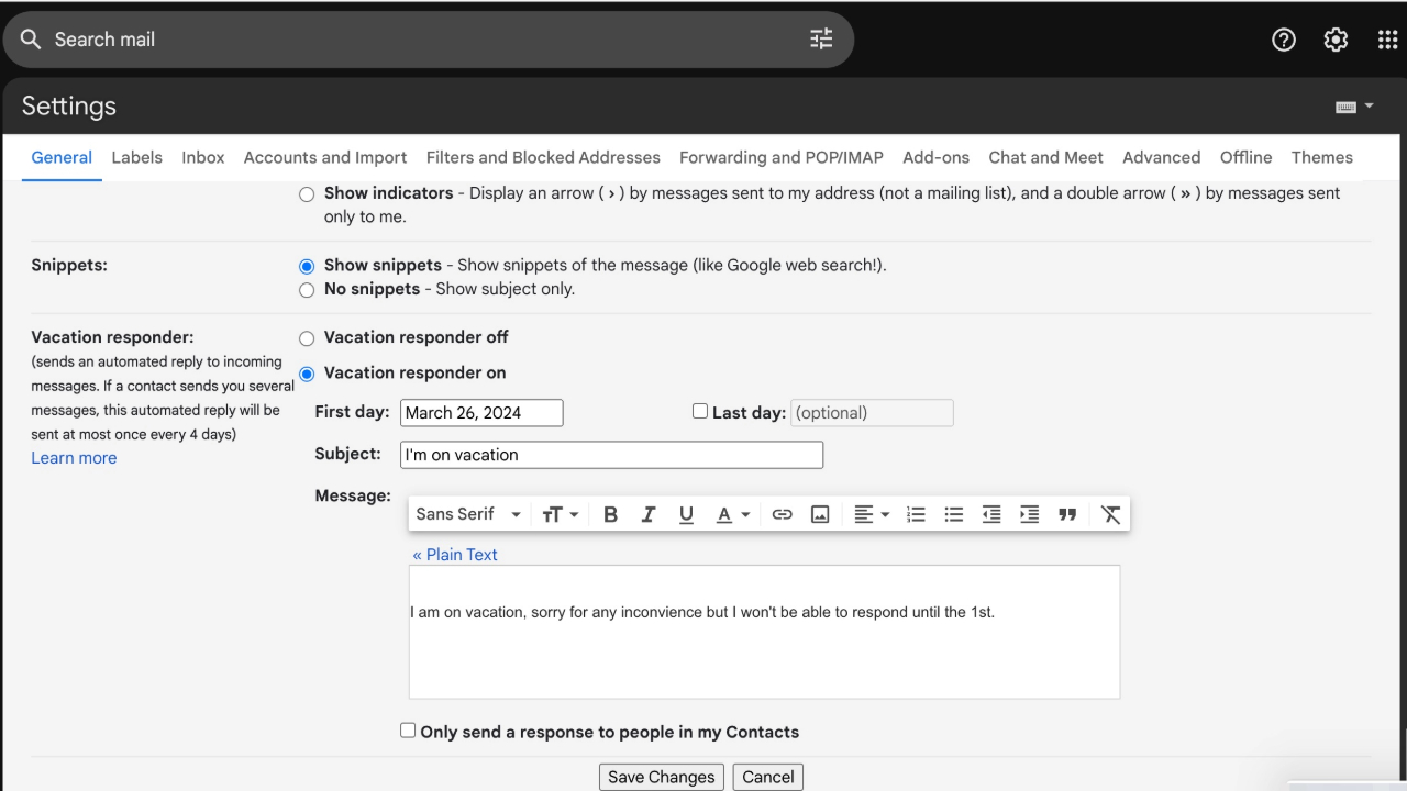 A screenshot showing the vacation responder setting in Gmail.