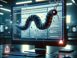 A graphic of a computer monitor depicting a computer worm with a malware threat targeting AI-assistant tools