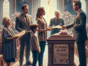 Illustration of a family being exploited by funeral scammers
