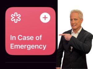 Kurt pointing to In Case of Emergency shortcut app on iPhone