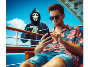 Man in a Hawaiian shirt on cruise checking phone while a hacker is stealing his money