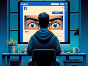 Man looking at his Facebook page, with an image of eyes watching his every search, symbolizing ad tracking.