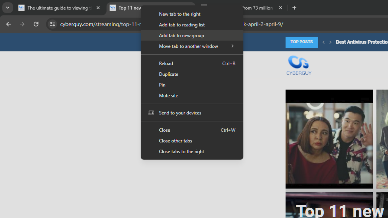 A screenshot showing how to add a tab to a group in Google Chrome.