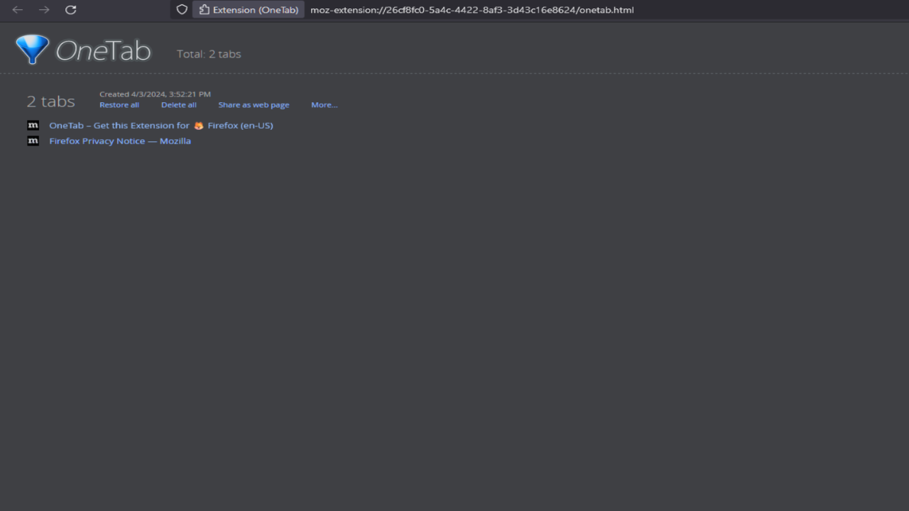 A screenshot showing Onetab in Mozilla Firefox.