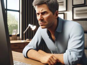 A man staring at his computer with a frustrated look on his face because he's been locked out of his email.