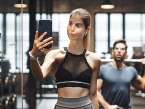 A woman taking a selfie and catching a man working out in the background without his permission