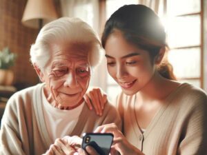 Image of an elderly person being helped by young person to set up Assistive Access on her iPhone