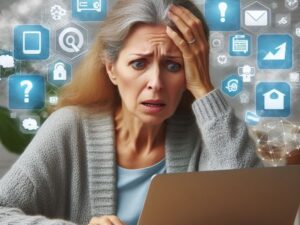 a middle aged woman looking overwhelmed by tech tips