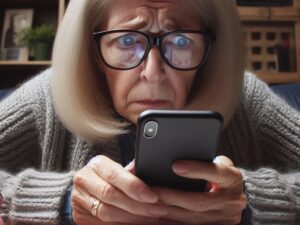 terrified middle aged woman holding iphone
