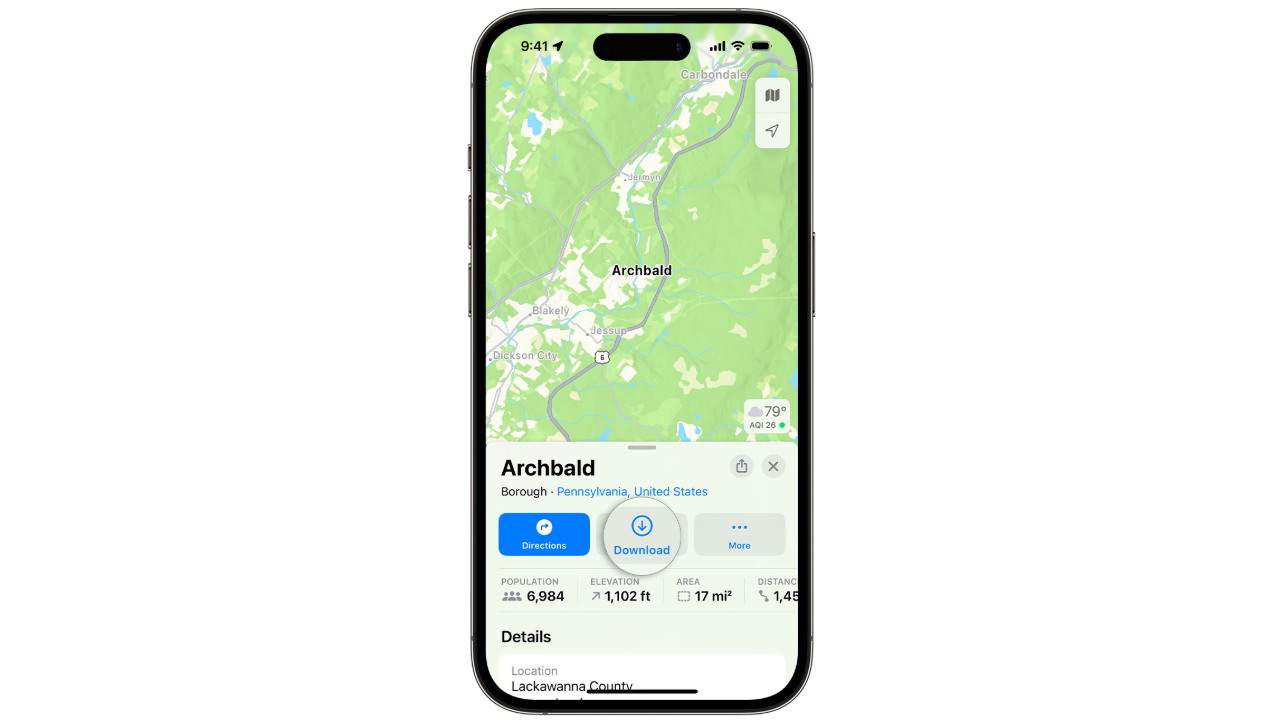 A screenshot from Apple highlighting the download Maps feature introduced in iOS 17. 