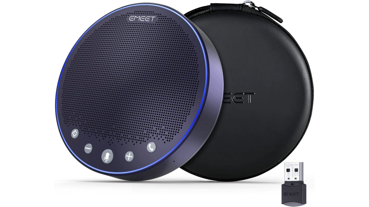 A stock photo showing the EMEEET M3 Zoom certified speaker on a white background. 