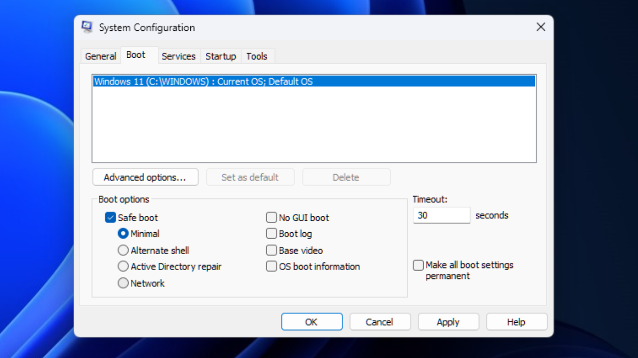 A screenshot displaying the Safe Boot tab in Windows 10/11. 