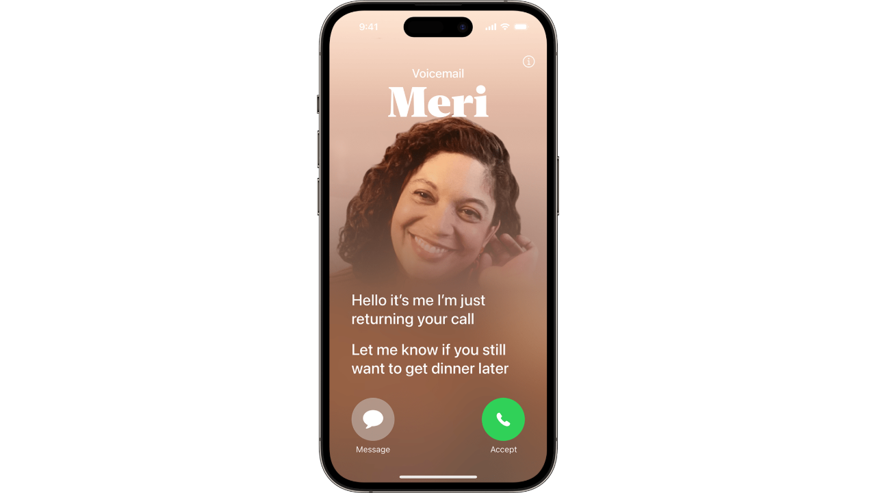 An Apple presskit photo showing the Live Voicemail function introduced in iOS 17. There is a voice mail shown being transcribed on the iPhone. 