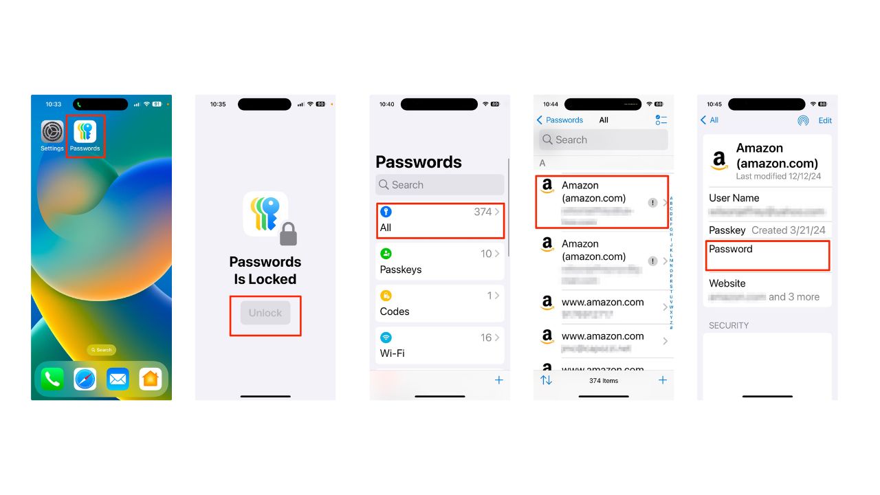 Three different screens showing the same password