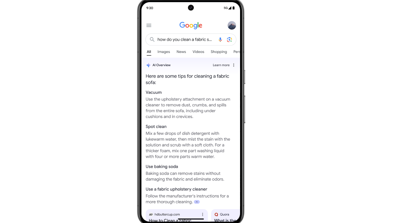 A screenshot from Google I/O 2024 showing the new Gemini AI Google Search on an smartphone.