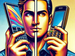 A man torn between choosing his smartphone or a dumbphone