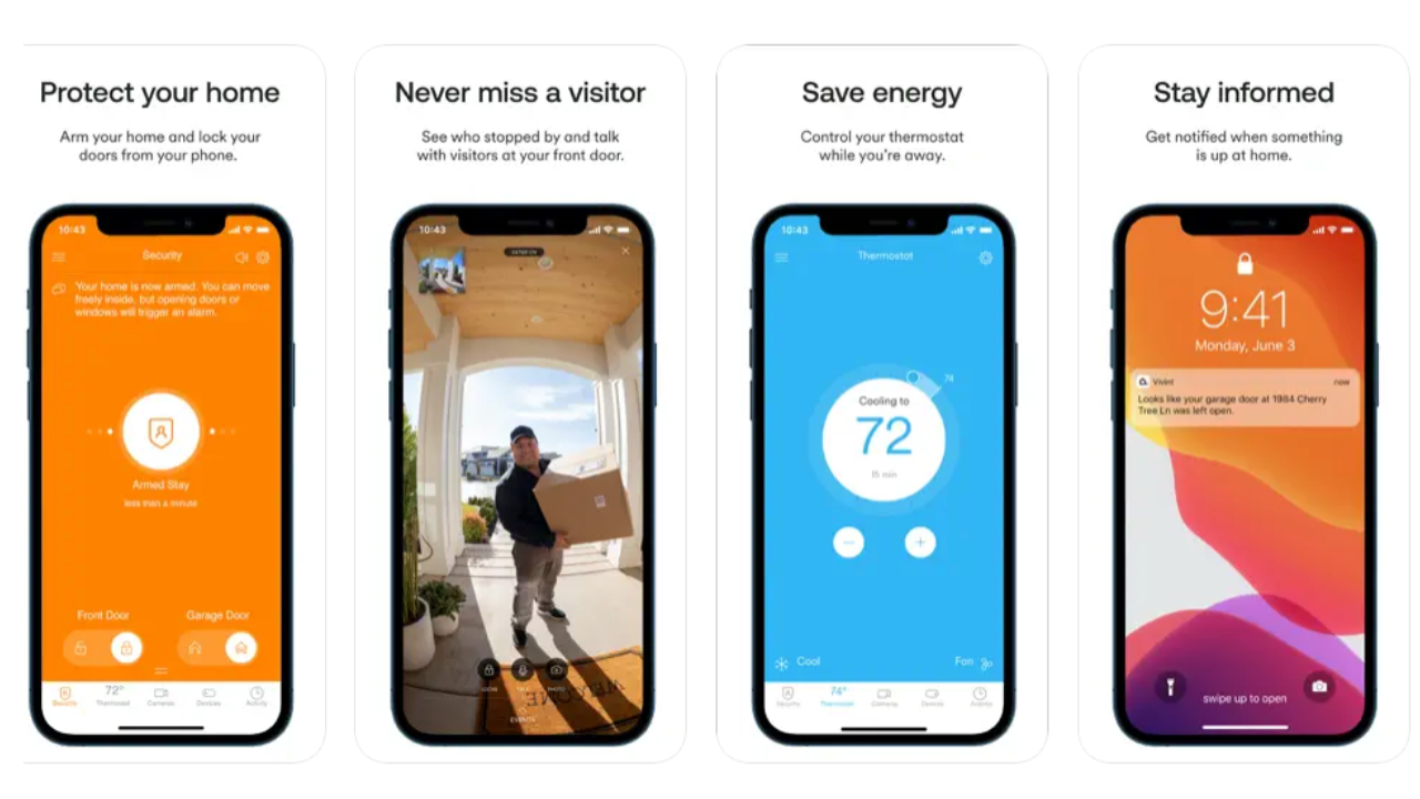 An advertisement of Vivint's smart-home app on the Apple app shop showcasing the different features of the Vivint smartphone app. You can see the security camera function, termperature, lights, and motion sensors on the different iPhones displayed. 