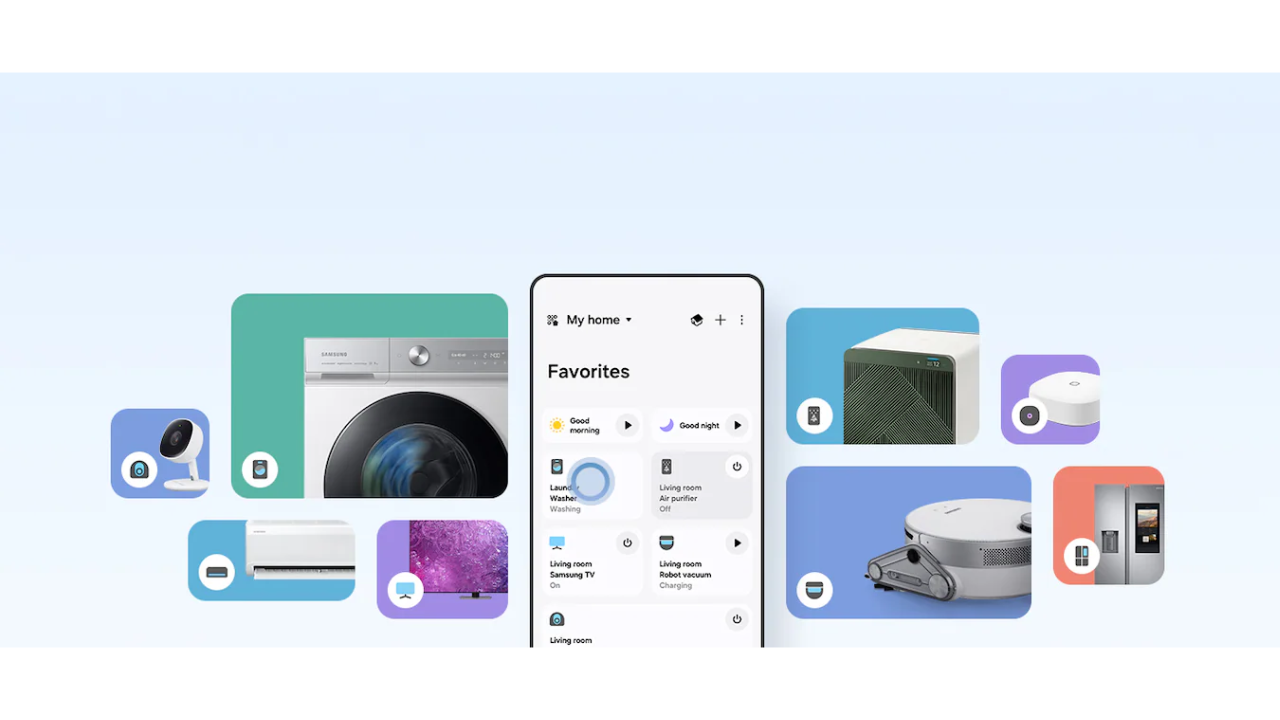 A press release photo from Samsung showcasing the Samsung Smart Things smart-home application running on a non-descript Android phone.