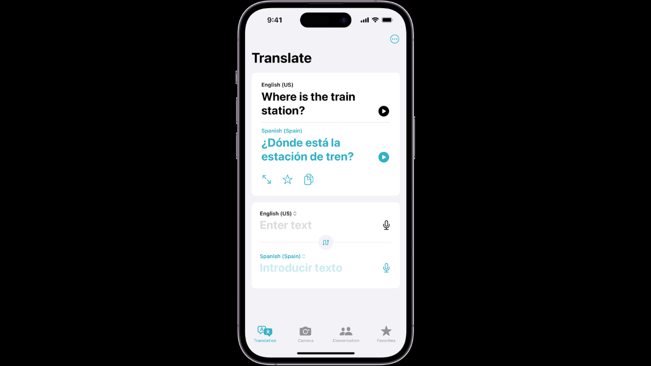 A screenshot showing the Apple Translate app running on an iPhone. The screenshot shows the app translating a sentence from English to Spanish. 