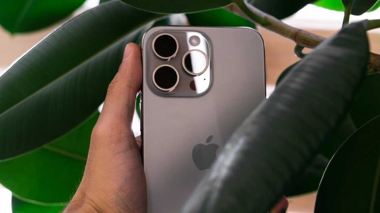 An iPhone 14 Pro Max against a leafy background