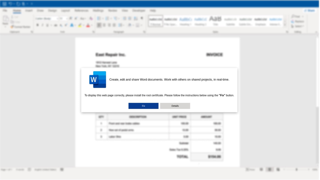 Screenshot showing a popup in Microsoft Word