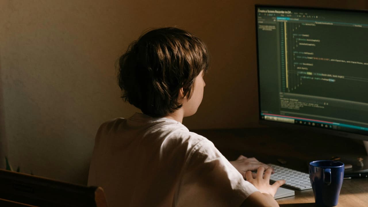 A boy using a computer.