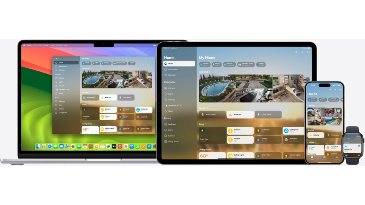 A press release photo showing the Apple Home app running on multiple iOS devices including a MacBook Pro, an iPad, an iPhone, and an Apple Watch.