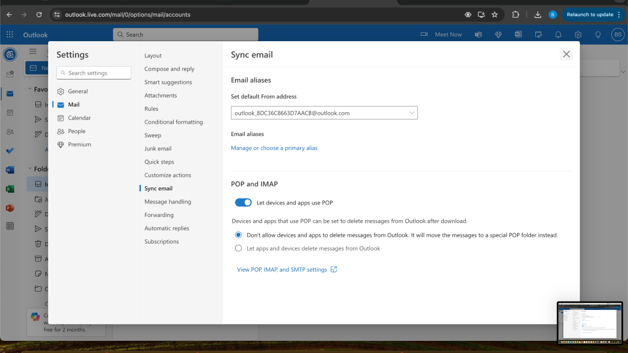 A screenshot showing the Sync email and manage connected accounts settings within Outlook.