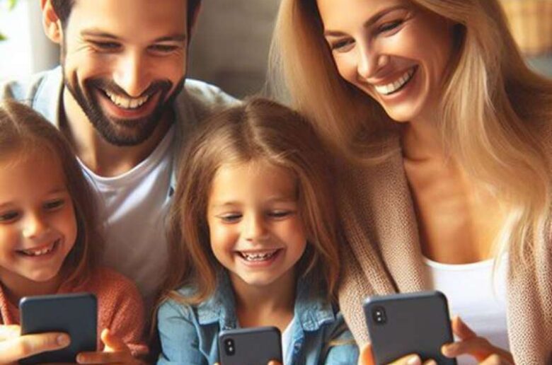 A family sharing photos on their smartphones