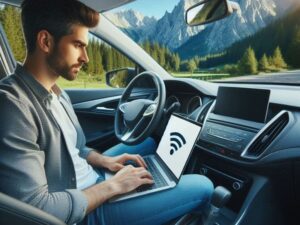 A man sitting in the driver's seat of a car connecting his laptop to a mobile hotspot in order to get a Wi-Fi connection in his car