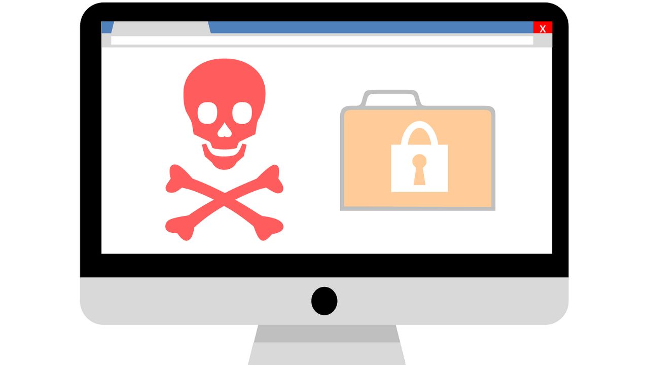 Red skull and bones next to protected file on a computer screen