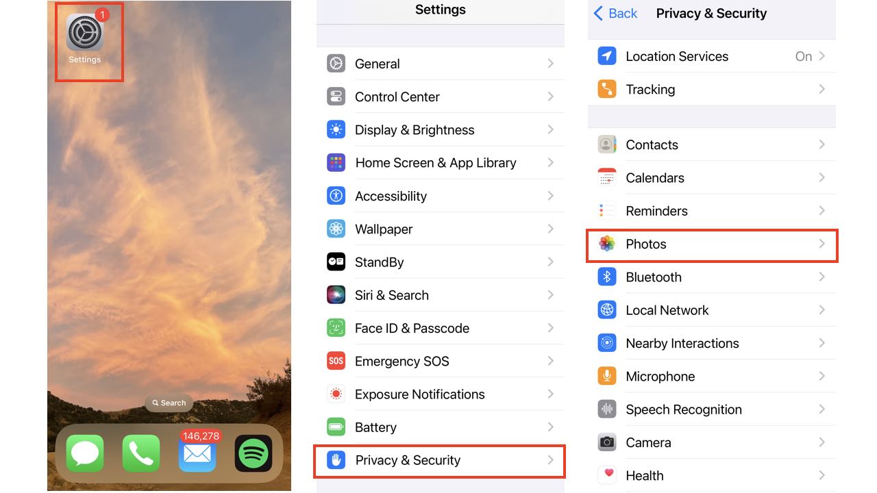 From your phone's main screen, go to Settings. Scroll down and tap Privacy & Security (or a similar option, depending on your device). Tap Photos.