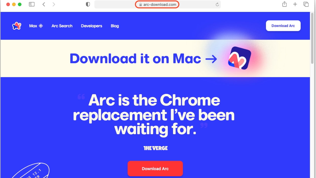 A snapshot showing the fake Arc browser download page