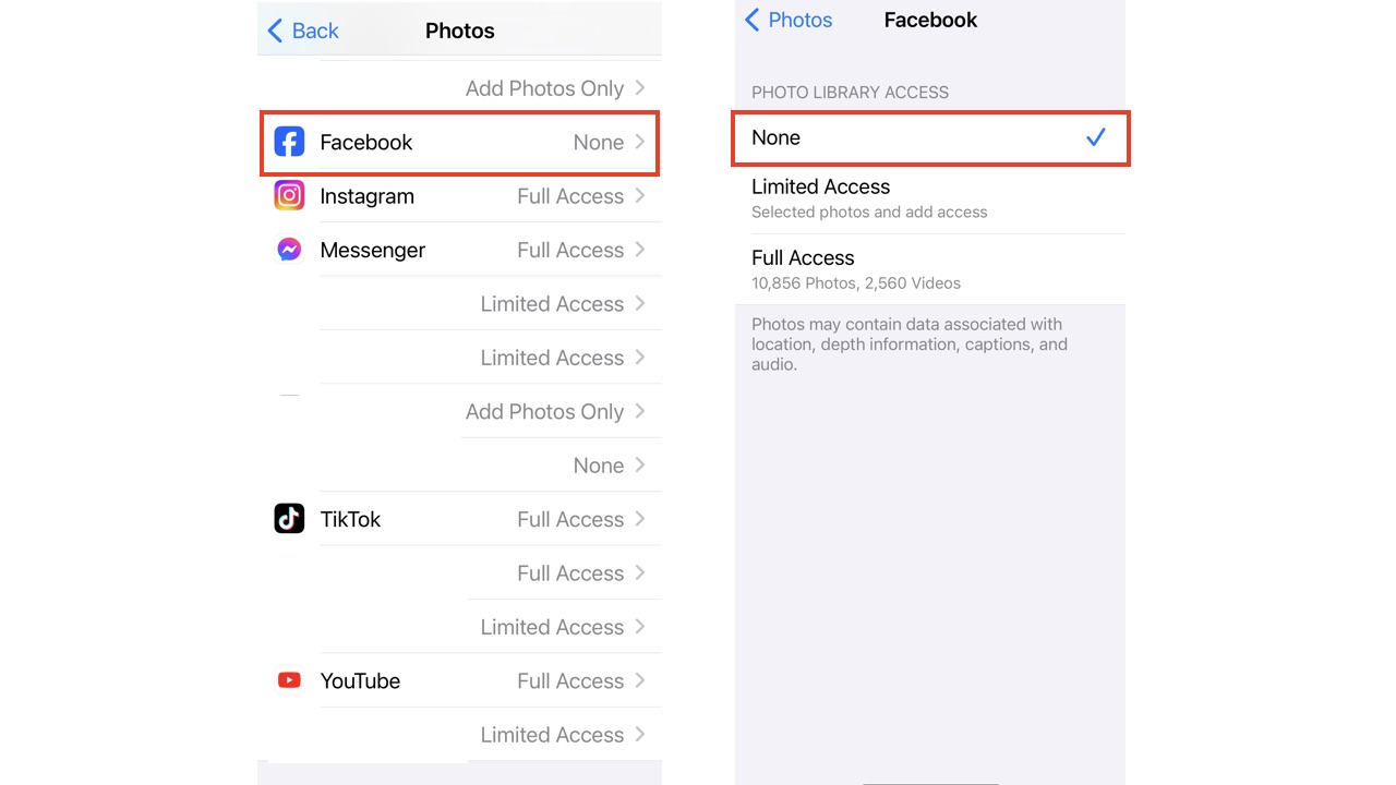 Facebook photo settings on iPhone