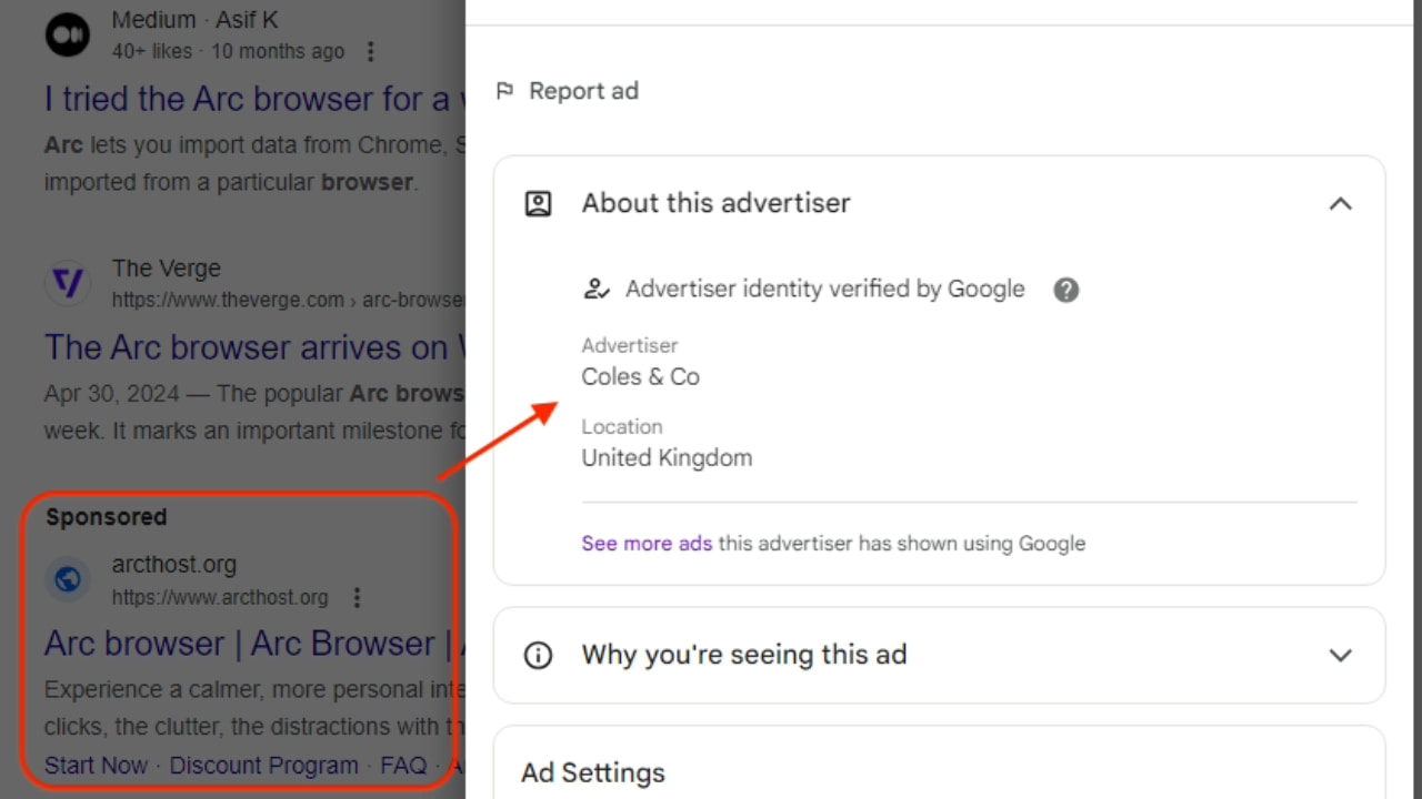 A snapshot showing the fake Arc browser ad in Google search.