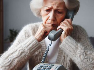 A elderly woman looking distressed on the phone with a scammer