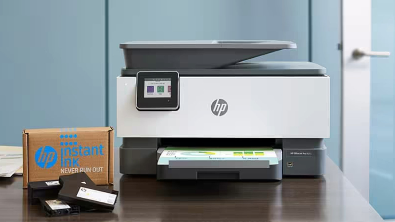 An HP printer kept on a surface.