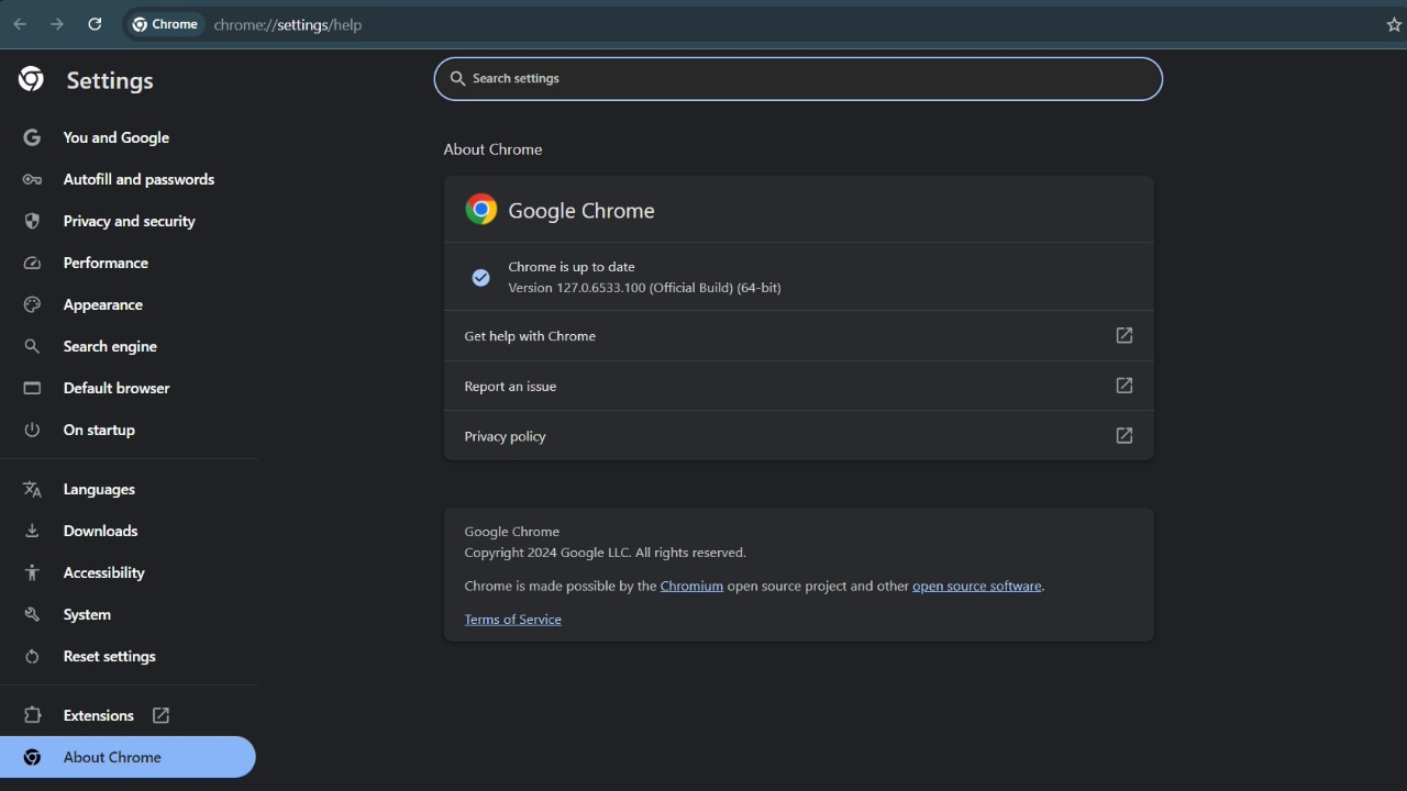 Screenshot showing option to update Chrome browser.