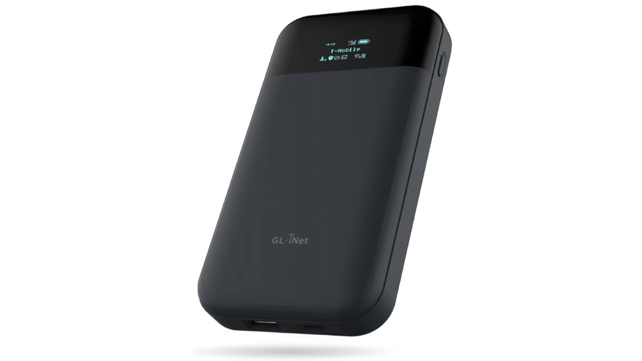 A product photo of the GL.iNet GL-E750V2 4G LTE hotspot for T-Mobile.