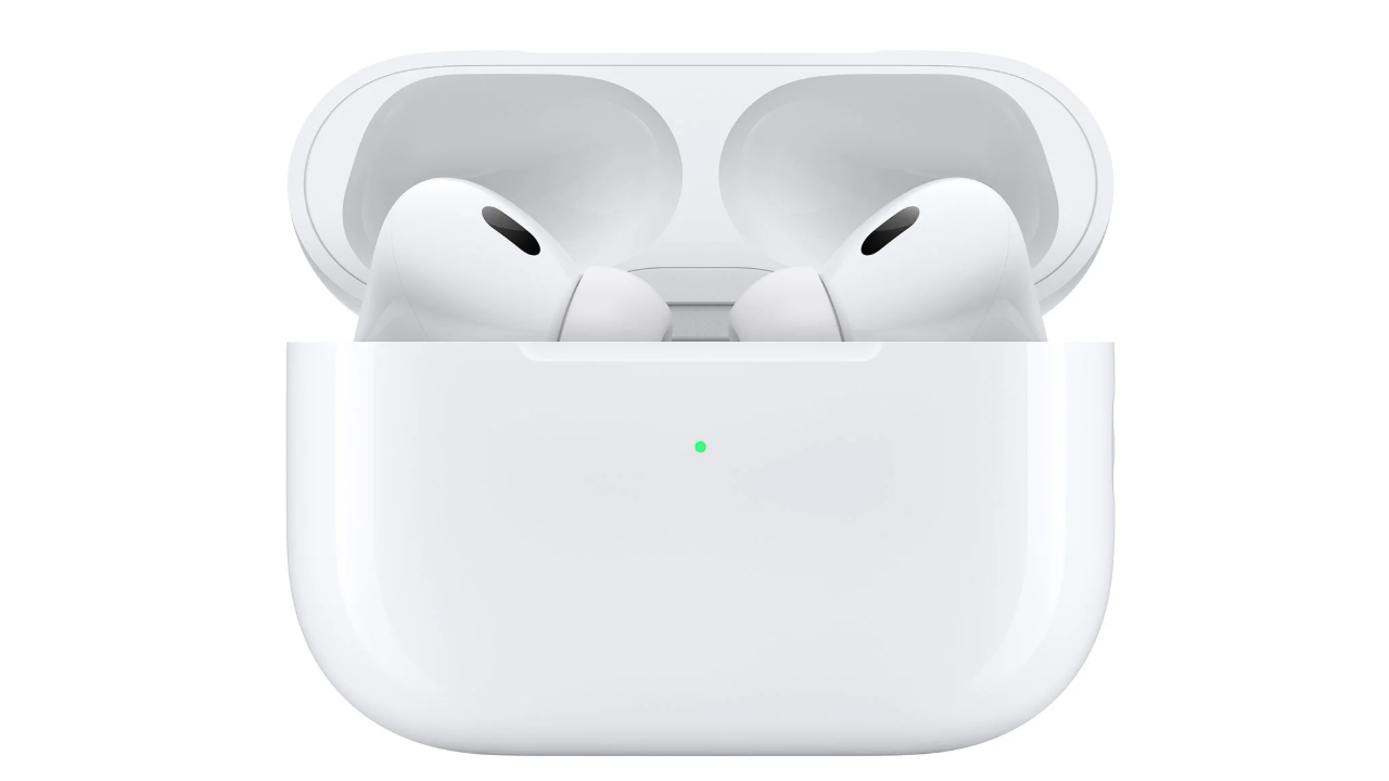 A render of the Apple AirPod Pro 2 earbuds on a white background.