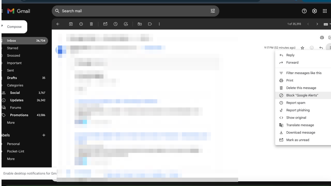 A screenshot showing how to block email by sender in Gmail.