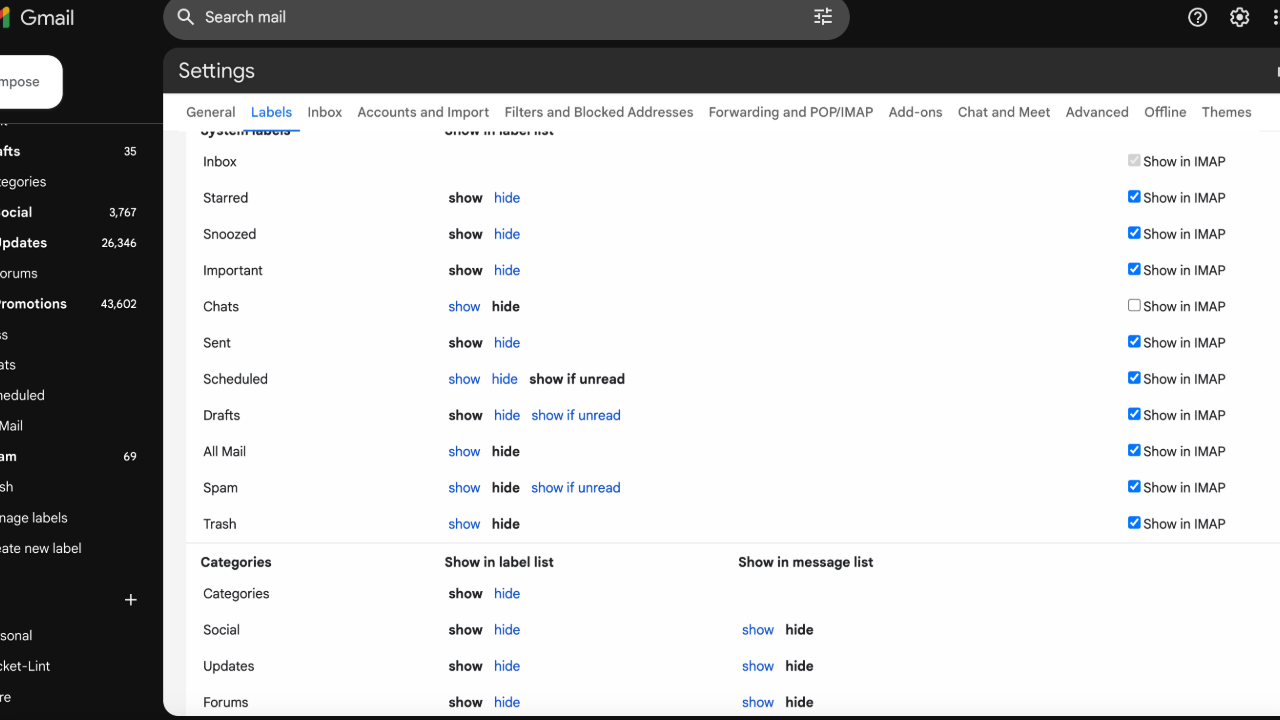 A screenshot of the advanced settings page in Gmail.