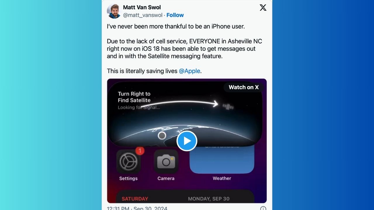 A tweet on X about using Satellite Messaging in iOS 18 on iPhone 