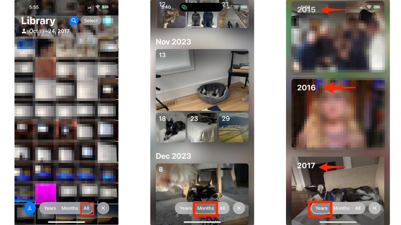 Steps to show photos in All, Years, or Months in iOS 18