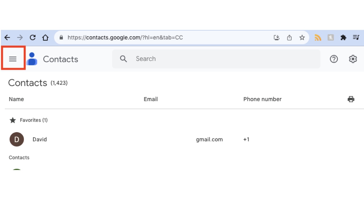 Selecting menu in Google Contacts