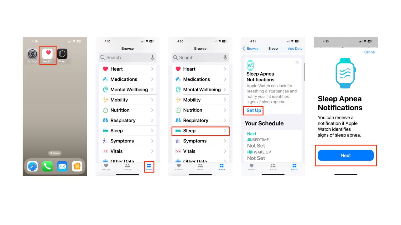 Steps to set up sleep apnea notifications on Apple Watch