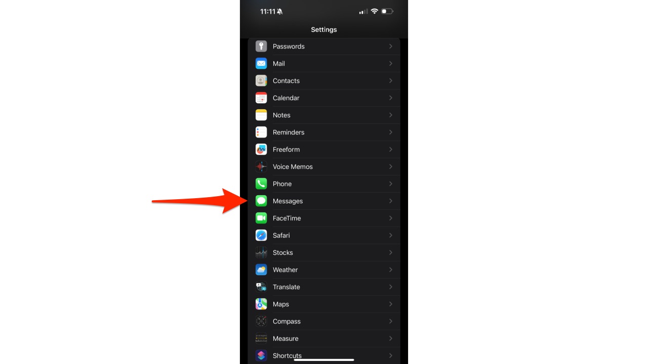 A red arrow pointing to the Messages option in the iPhone Settings list. 